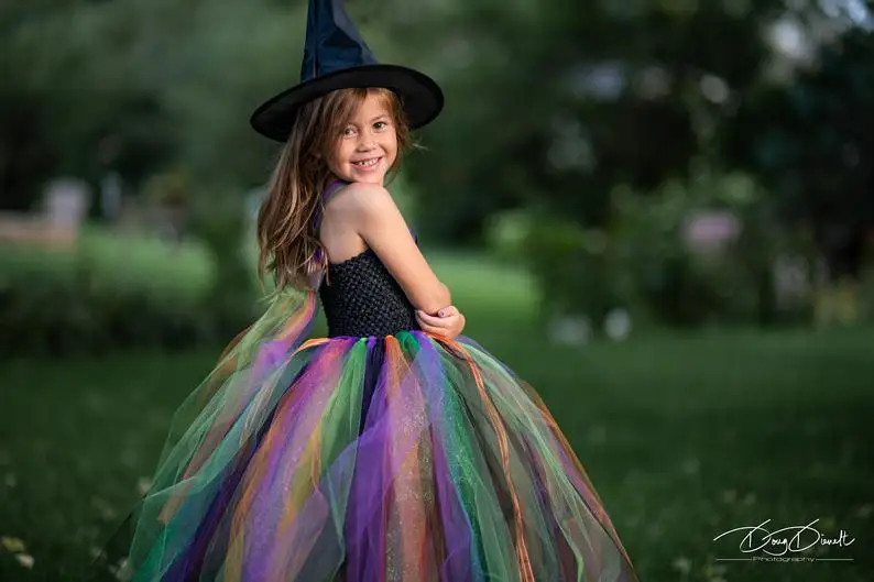 Multicolor Girls Witch Tutu Dress Kids Crochet Tulle Dress Ball Gown with Black Hat Children Halloween Party Costume Dresses