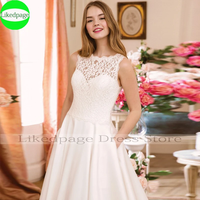 VÁY ĐẦM Simples Vestidos De Novia Ảo Giác Ren Một Đường Cô Dâu Bầu 2021 Áo Dây Mariage Abito Da Sposa Với túi