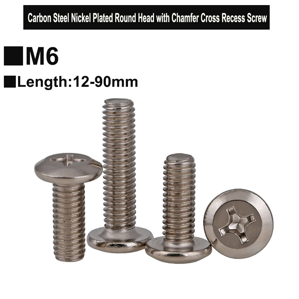 Yiqianyuan M6xP1.0 Carbon Steel Nickel Plated Round Head with Chamfer Cross Recessed Phillips Furniture Screws
