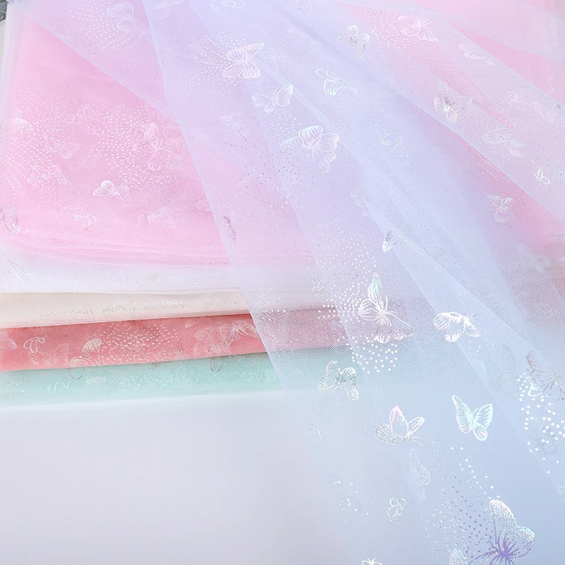 1Meter Colorful Butterfly Printed Tulle Organza Mesh Fabric DIY Handmade Baby Girl Dress Skirt Headband Garment Sewing Material