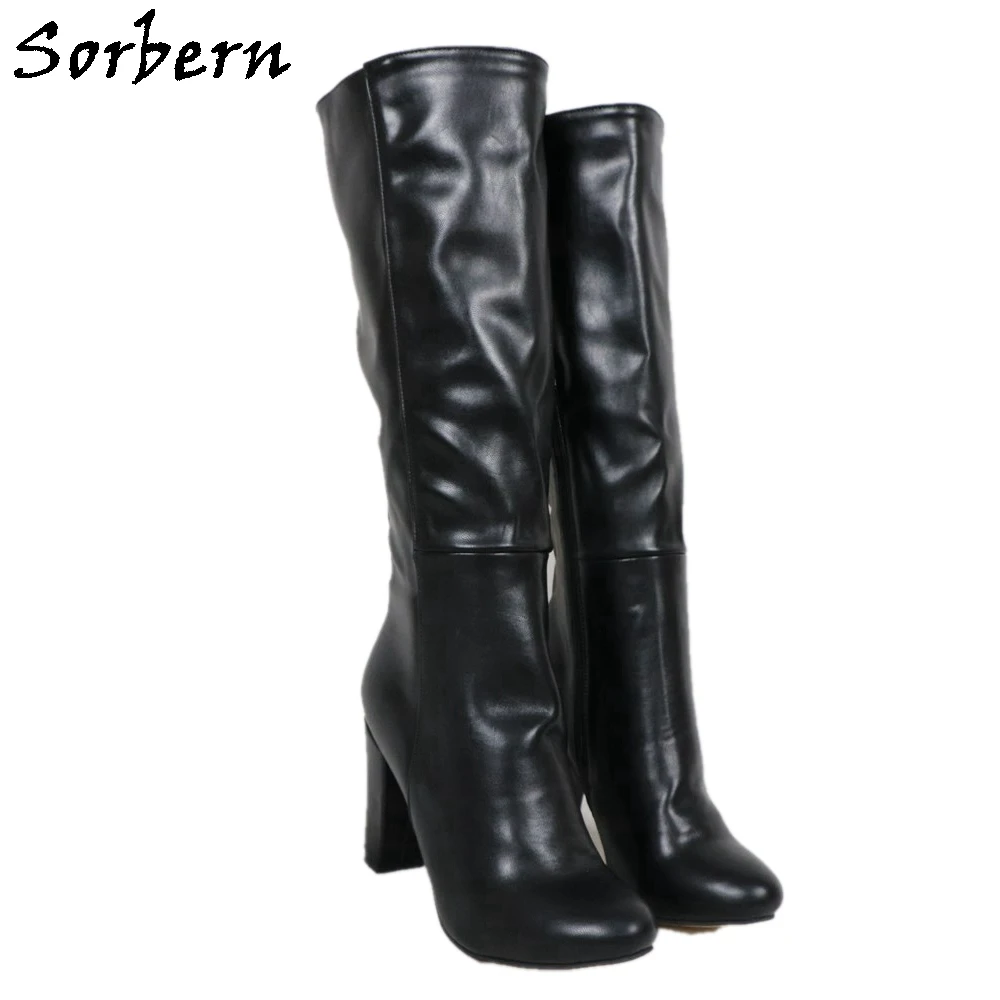 Sorbern stivali alti al ginocchio neri da donna tacchi quadrati punta tonda Botas Mujer 2019 stivali con mezza cerniera stivali Color Cutsom