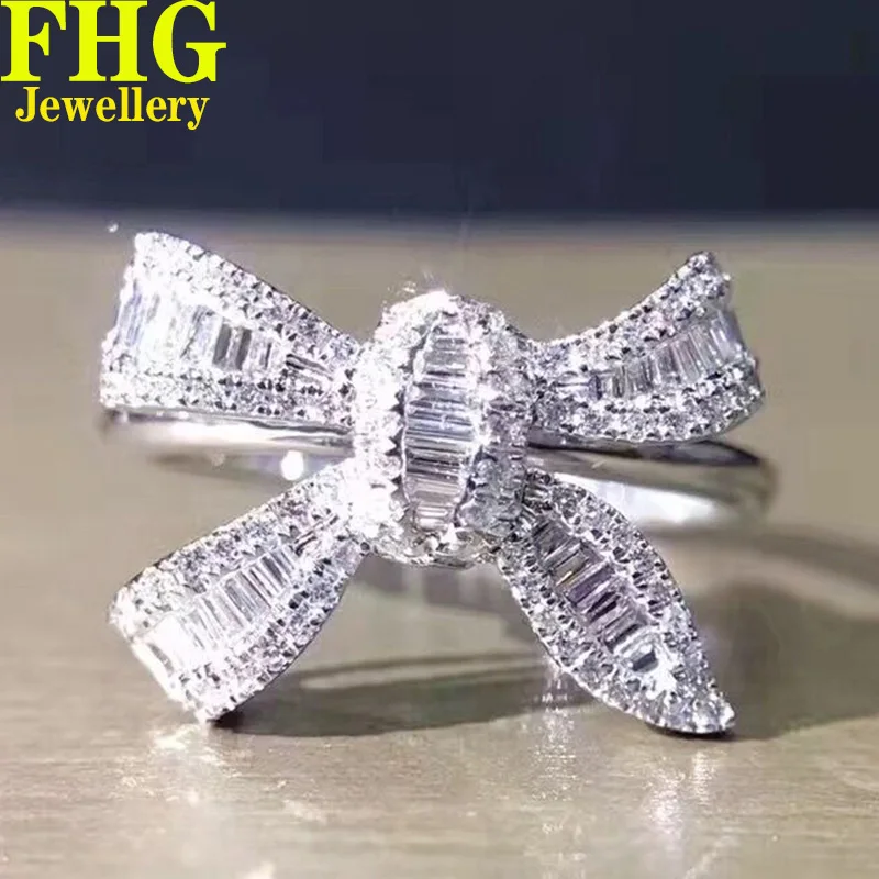 

9K Au375 White Gold Ring 0.5Carat Nature Diamond bow Ring Wedding Party Engagement Anniversary Fashion Elegant