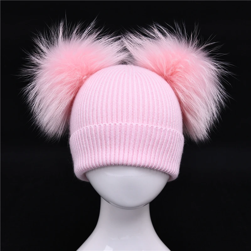 Children\'s Winter Toddler Baby Kids Cashmere Knitted Hat Beanie with 2 Double Real Fur Pom Poms Ears Hat for Boys and Girls