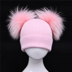 Children's Winter Toddler Baby Kids Cashmere Knitted Hat Beanie with 2 Double Real Fur Pom Poms Ears Hat for Boys and Girls