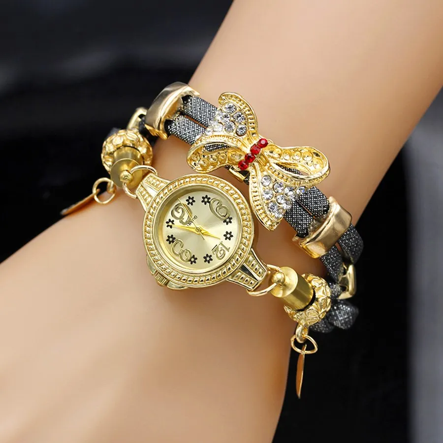 Shsby Fashion Women Rhinestone Watches Ladies Rope Strap Gold Alloy Bowknot Bracelet Quartz Wristwatches Women Dress Watches