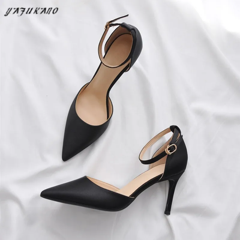 Silk Satin Mid Hollow High Heels Pointed Toe Sexy Single Shoes Thin Heel One-Word Buckle Women Shoes Small Size Lady Pumps 32 33