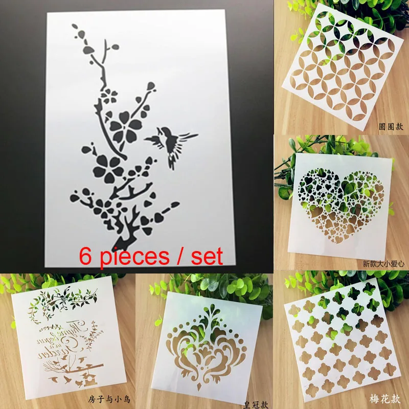 6pc Plum Blossom Scrap Walls Stencil Airbrush Painting Decor Stencils For Diy Scrapbooking Art Ablum Diary Stamp Crafts Reusable