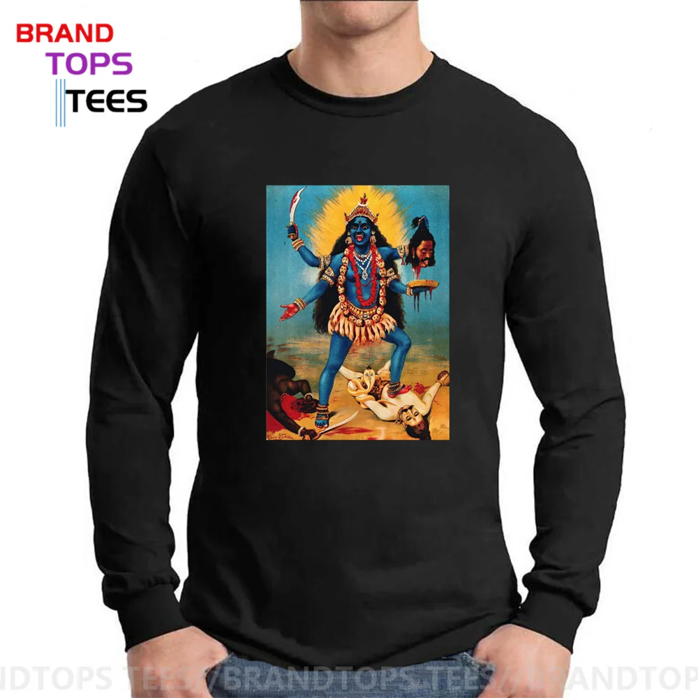 India God Kali T-shirts Shiva Goddess Tshirt Hindu Goddess Kali trampling Shiva Long Sleeves T shirt men Hinduism Tee shirt