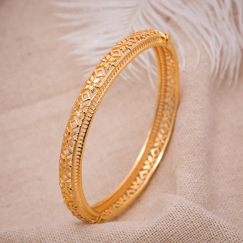 1Pcs 24K Dubai Bracelets Bangles women Girl Gold Color Bangle Flower Bangle Wedding Copper Bride Bangle Bijoux Femme