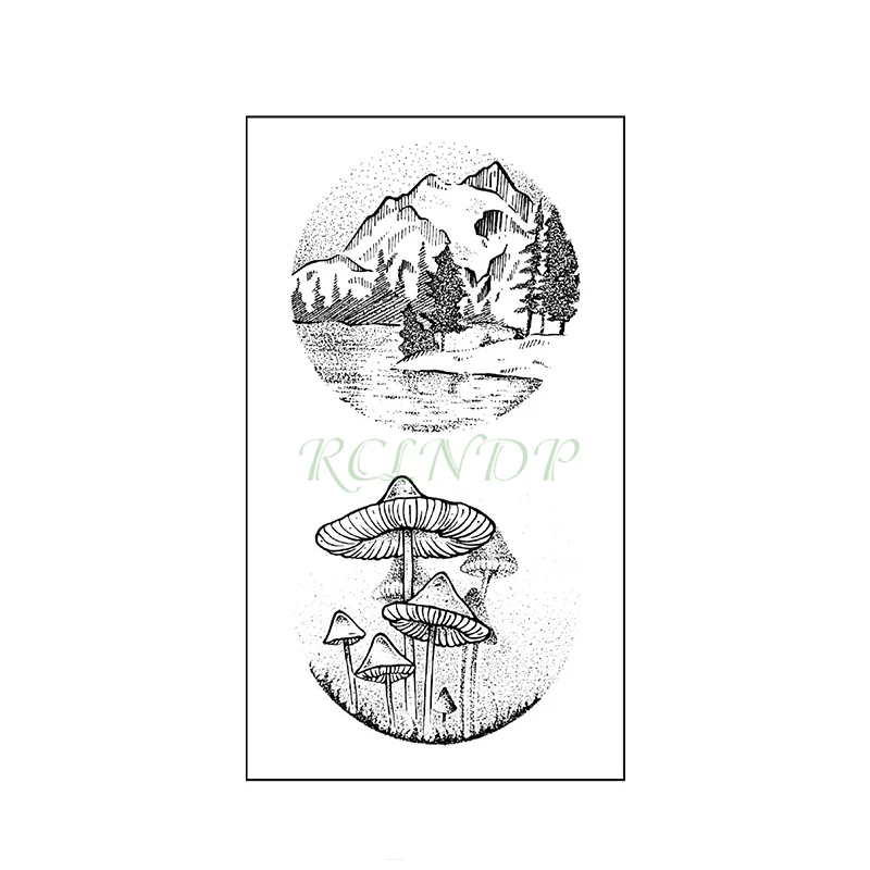 

Waterproof Temporary Tattoo Stickers Mountain Forest Mushroom Round Flash Tatoo Fake Tatto Hand Arm Neck Body Art for Woman Men