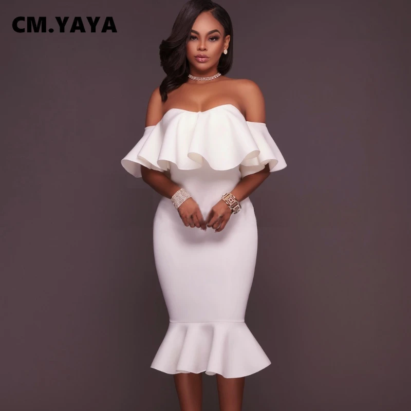 CM.YAYA Women Party Dress Solid Off Shoulder Ruffles Bodycon Trumpet Dresses Elegant Gorgeous Evening Vestidos Autumn Clothes