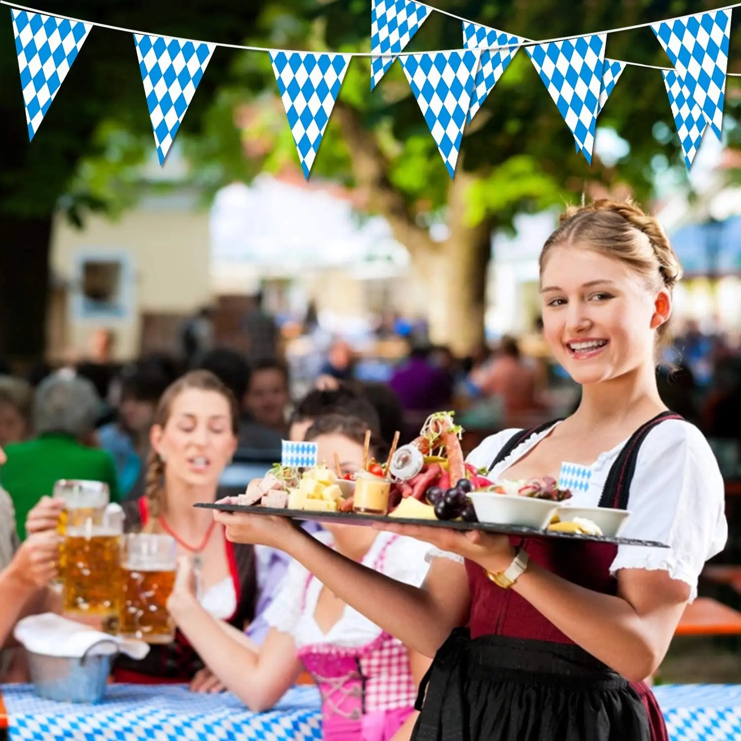 10 Meters Oktoberfest Bavarian Blue White Lattice Plastic Banners Flag Pennant for Bar Beer Oktoberfest Themed Party Decorations