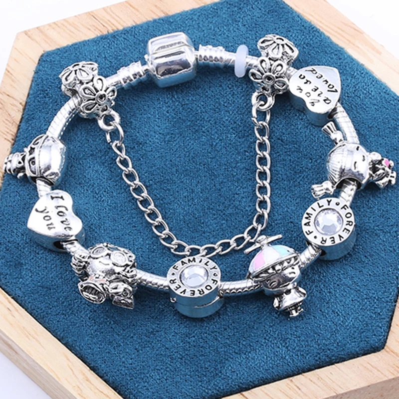 Boy & Girl Charm Bracelets With Silver Color Grandparents Pendant Beads Bracelets Bangles For Women Kids Xmas Jewelry Gift