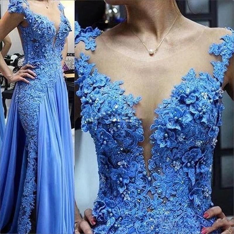 Vestidos de Noche de sirena azules de diseño modesto, cuello de joya transparente, Mangas de casquillo, Apliques de encaje, cuentas de gasa, vestidos formales de fiesta de graduación