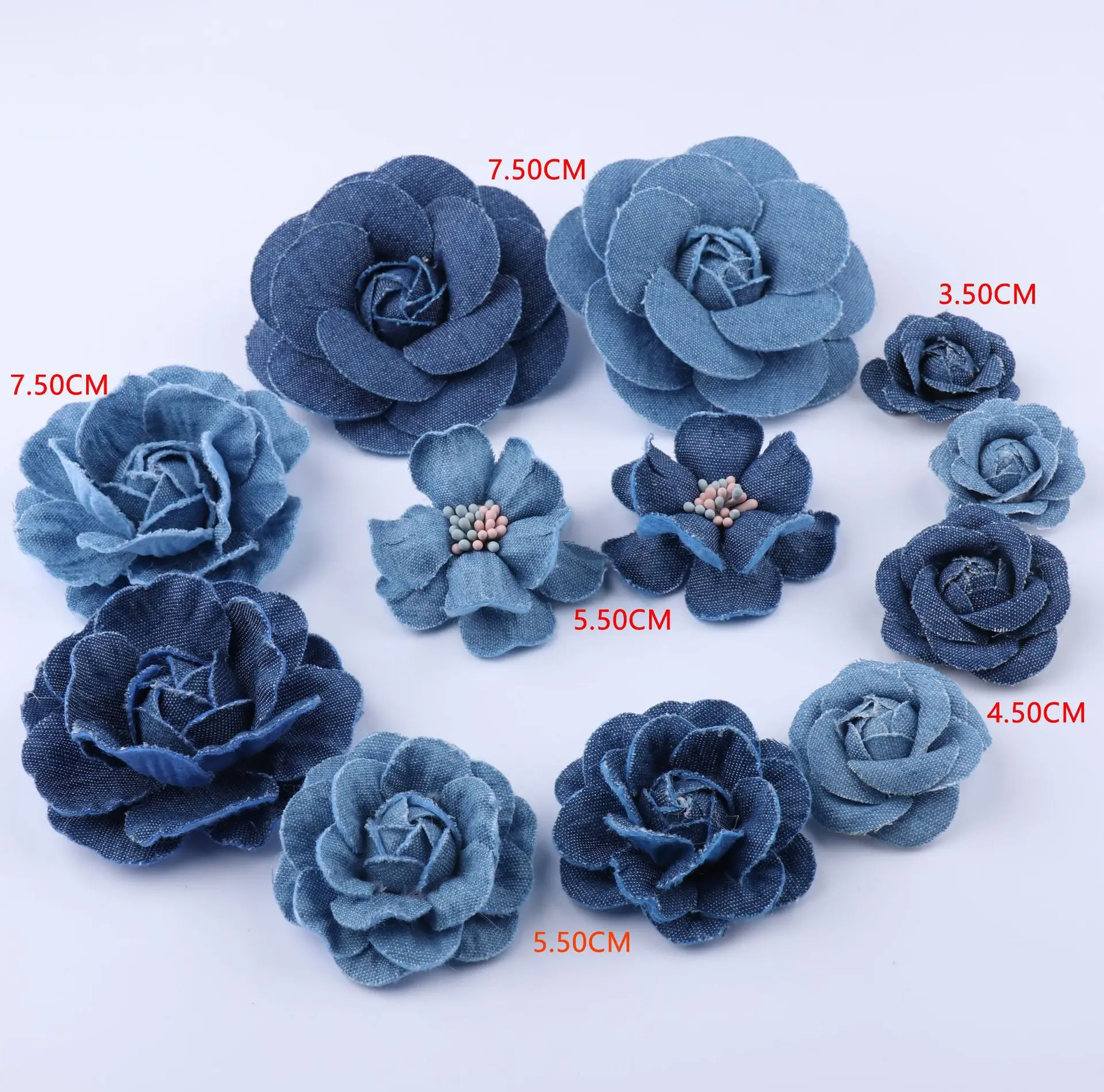 5 sztuk Denim kwiat sztuczny kwiat 7.5 / 5.5 / 4.5 / 3.5CM mała kamelia dekoracje ślubne DIY Scrapbooking nakrycia głowy Craft