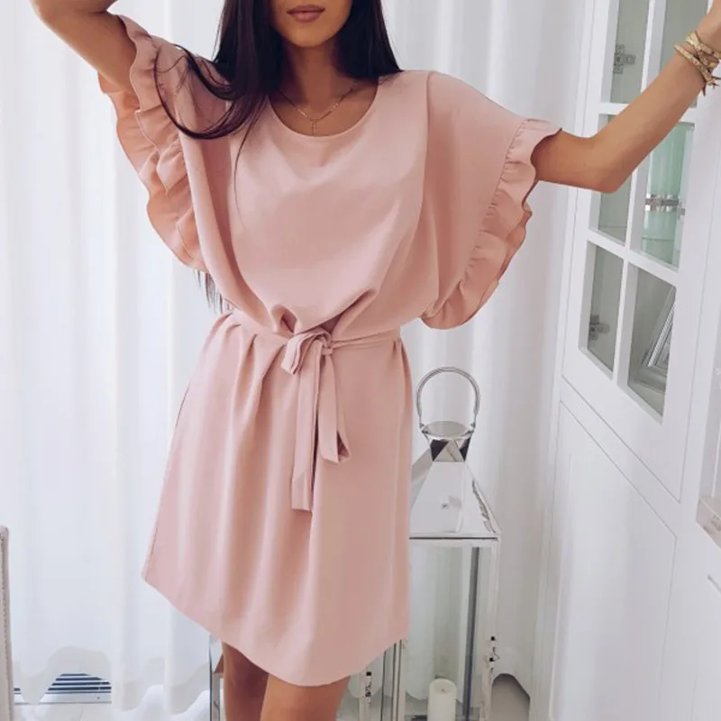 Summer Polyester Women\'s Dress Round Collar Short Sleeve Pullover Loose Sashes Solid Fashion Office Lady Dress