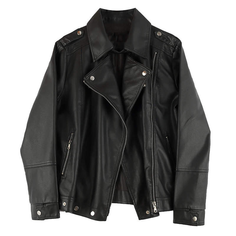 Spring Autumn 2024 Black Soft Faux Leather Jacket Loose Casual Lapel Long-sleeve Motorcycle Biker Jacket Abrigo Mujer Streetwear