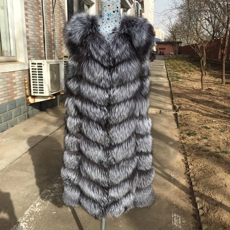 Custom Trend Winter Waistcoat Real Sliver Fox Fur Vest Women Long Female Fashion Jacket Chalecos Para Mujer Gilets Pour Femmes