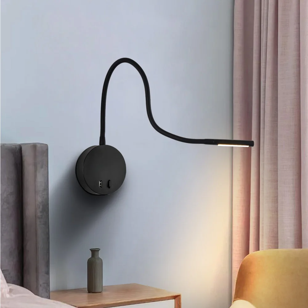 

LED reading Lamp Wall light mounted bedroom flexible wand USB port Home Hotel Loft Bedside Night Book Light Modern White