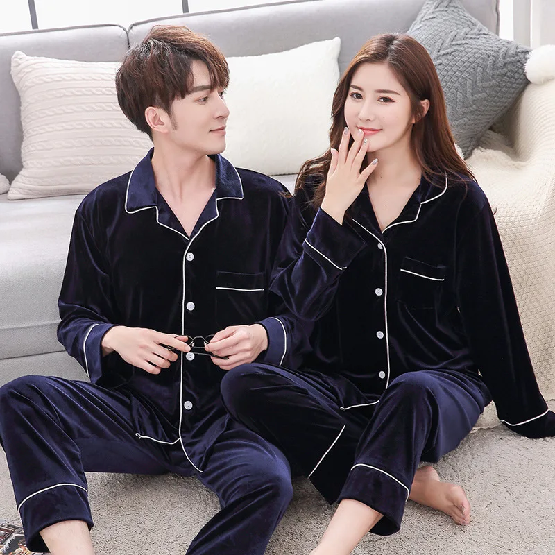 Couple Winter Warm Pajamas Women Men Velvet Long Sleeve Long Pants Home Sleepwear Ladies Velour Night Pyjamas Set