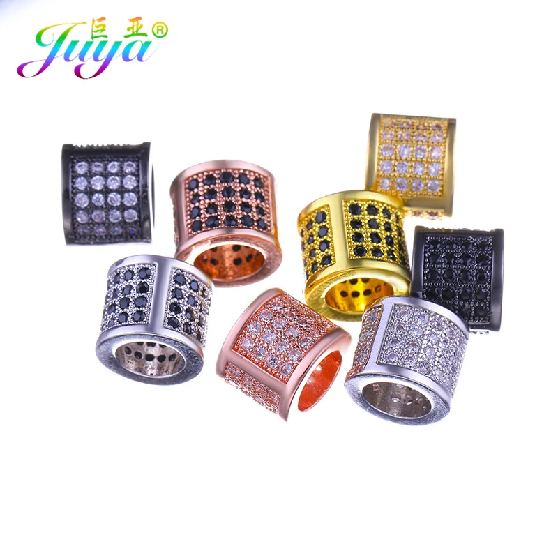 Juya DIY Metal Spacer Beads Supplies Micro Pave Champagne Zircon Big Hole Charm Beads For Handmade Natural Stone Jewelry Making