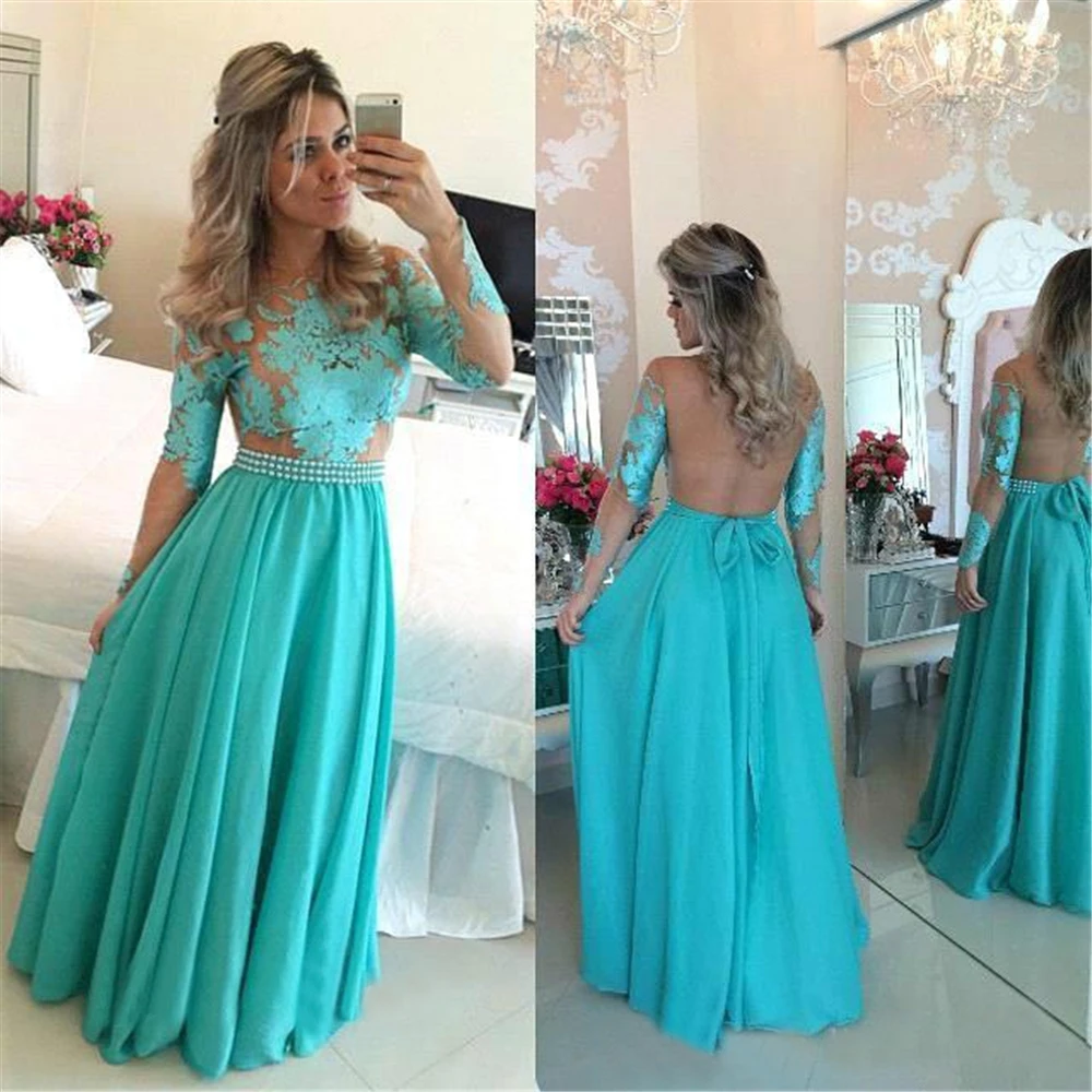 

O-Neck A Line Ball Gown NONE Train Chiffon Formal Dresses Long Sleeve Illusion Evening Dress Floor-Length Prom Party Dress