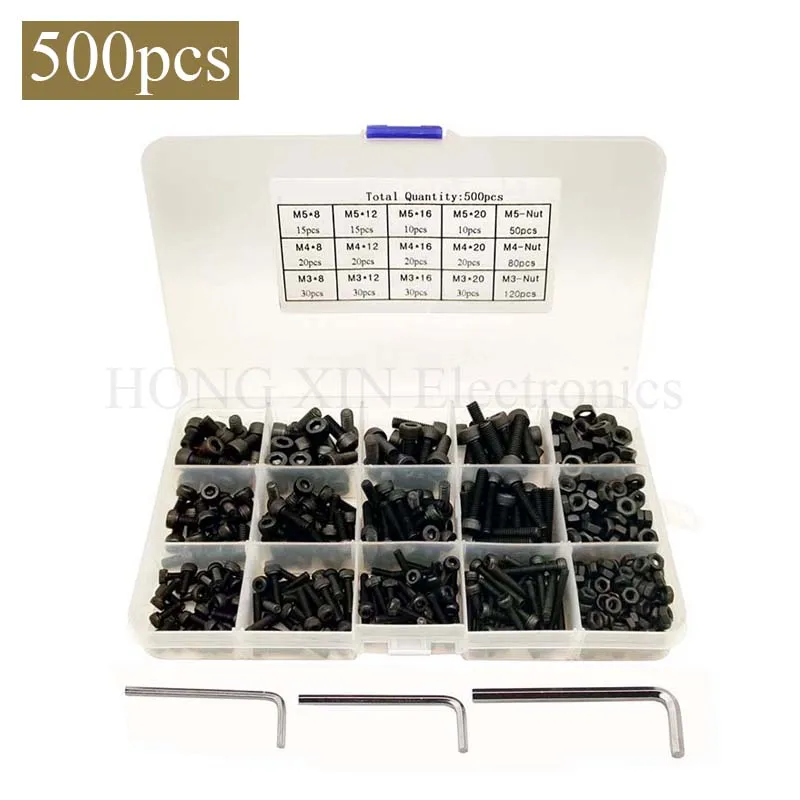 

Black Carbon-Steel Cylinder Column Hex Hexagon Screw Set 500PCS/Set M3/M4/M5 Furniture Fastener Assorted Kit