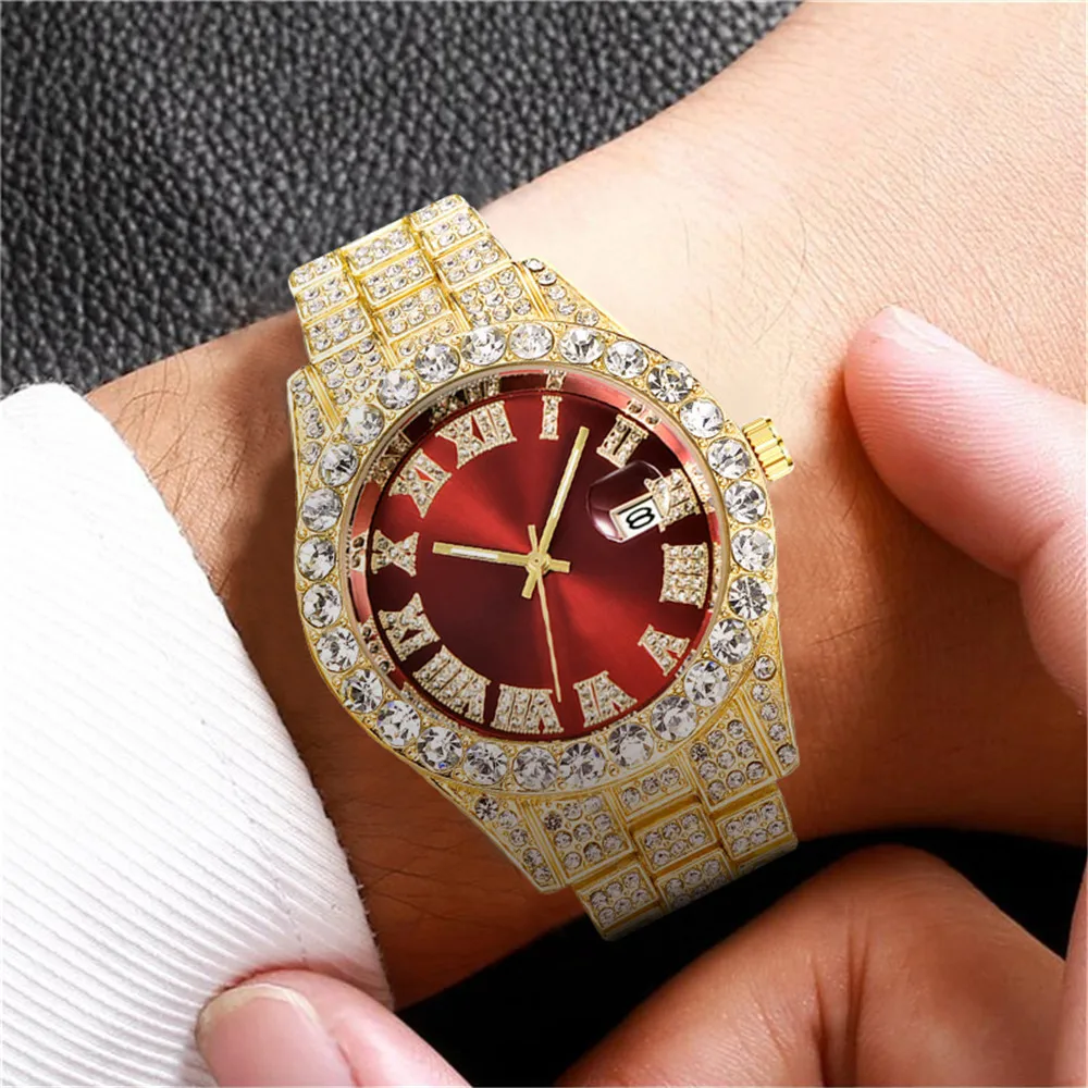 Bling Bling Watch for Men Luxury Rhinestone Full Iced Out Watch Clock Big Red Dial Military Hip Hop Wristwatch Relogio Masculino