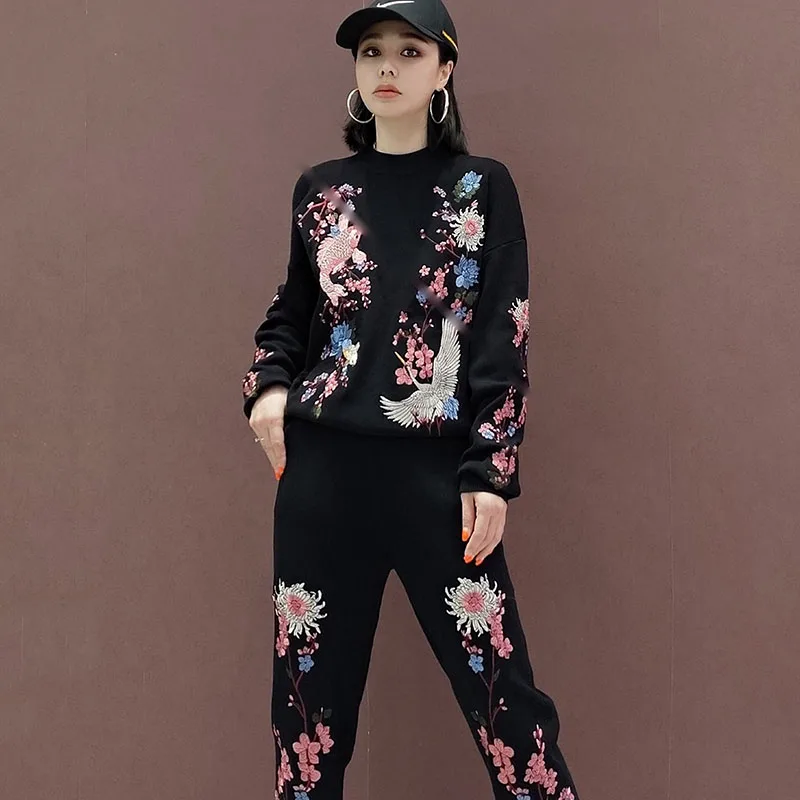 Heavy Work Flower Bird Embroidery Women Knit Tracksuit Outfits Long Sleeve Sweater Trousers Sets Casual Casual Knitwear Suits