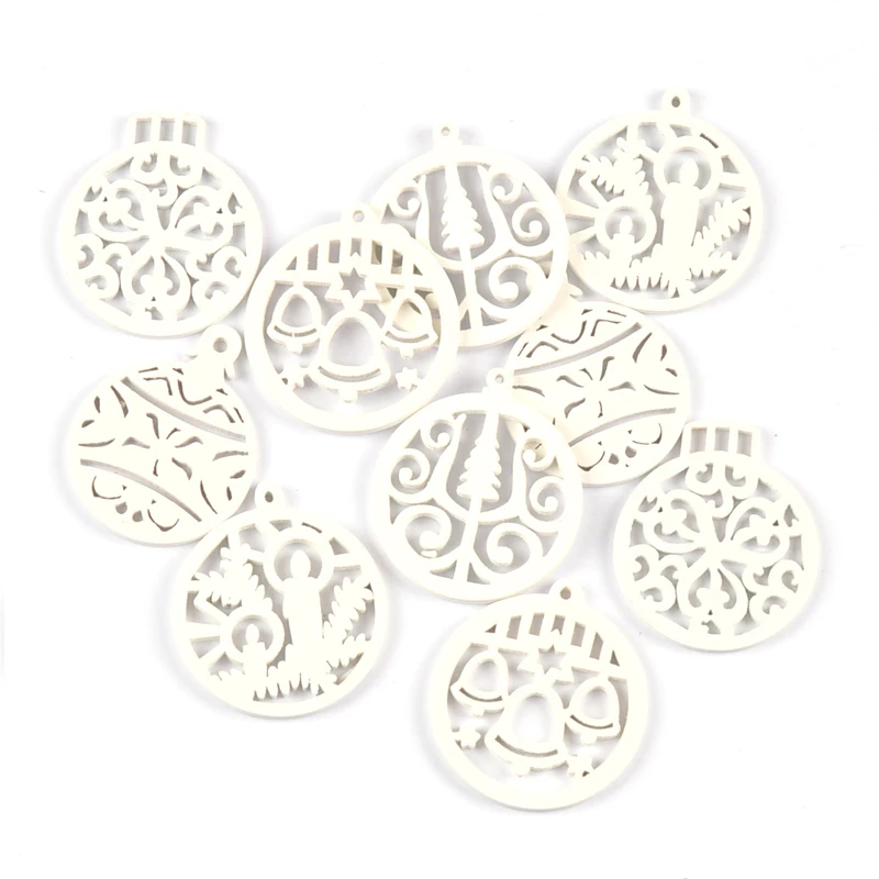 10pcs Christmas Openwork Carving White Round Wooden Pendants Navidad Tree Ornaments Xmas Natal Home Decoration New 2021 MT2263