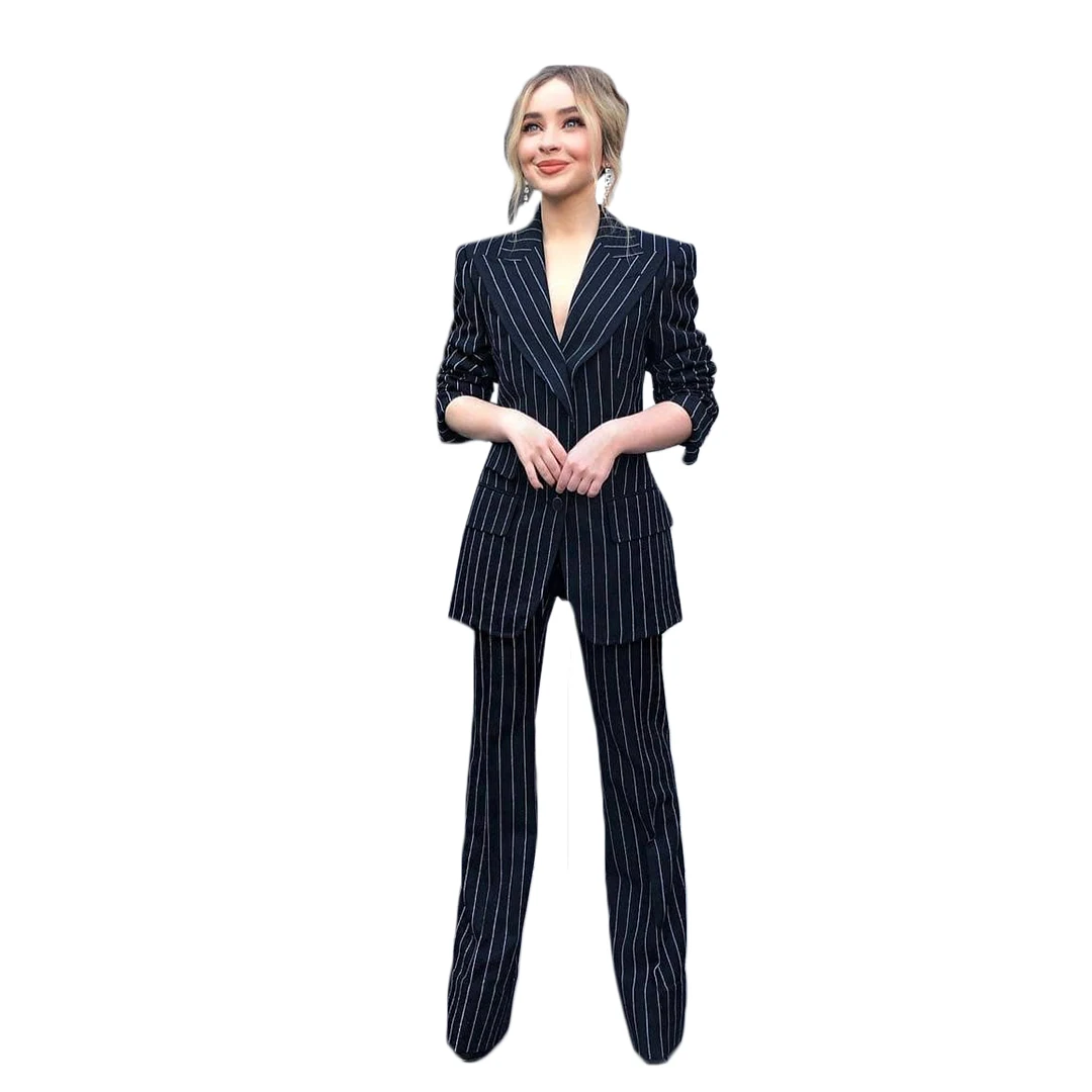 Classic Stripe Women 2 Pieces Suits Metro Peaked Lapel Pocket Slim Fit Blazer Office Lady Smart Casual Jacket