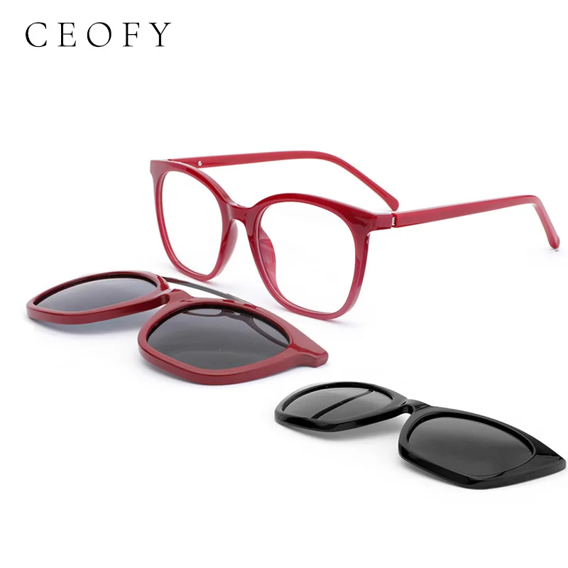 

Ceofy Women Square Magnetic Polarized 2 Clips on Sunglasses Prescription Vintage Glasses Frame Optical Myopia Eyewear