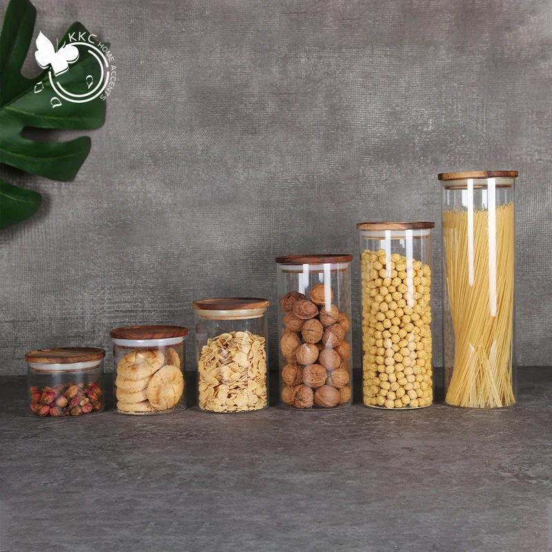 

KKC Home Wood Lid Storage Food Container Candy Glass Airtight Canister with Lids Spices Jar Bamboo Cover for Kitchen Supplies