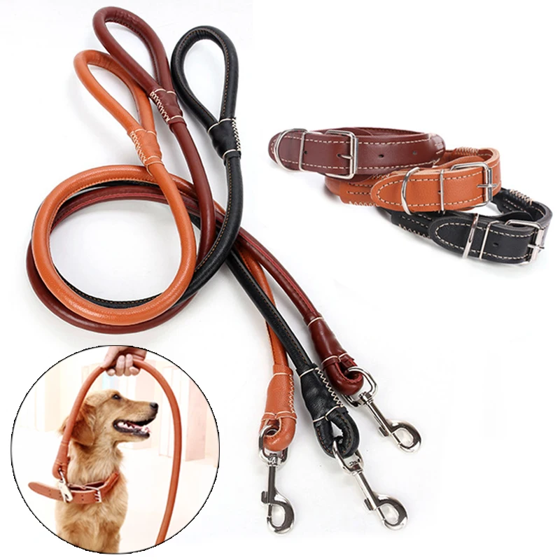 Leather Big Dog Collar and Leash Sets for Medium Large Dogs Doberman Golden Retriever Super Strong Pet Leashes Outdoor Product