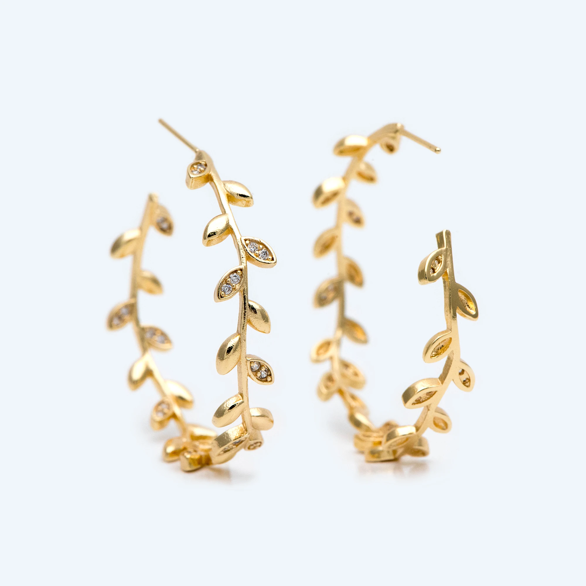 4pcs CZ Paved Dainty Leaf Hoop Earrings, Gold Hoop Earring, 42mm Circle Earring (GB-2019)