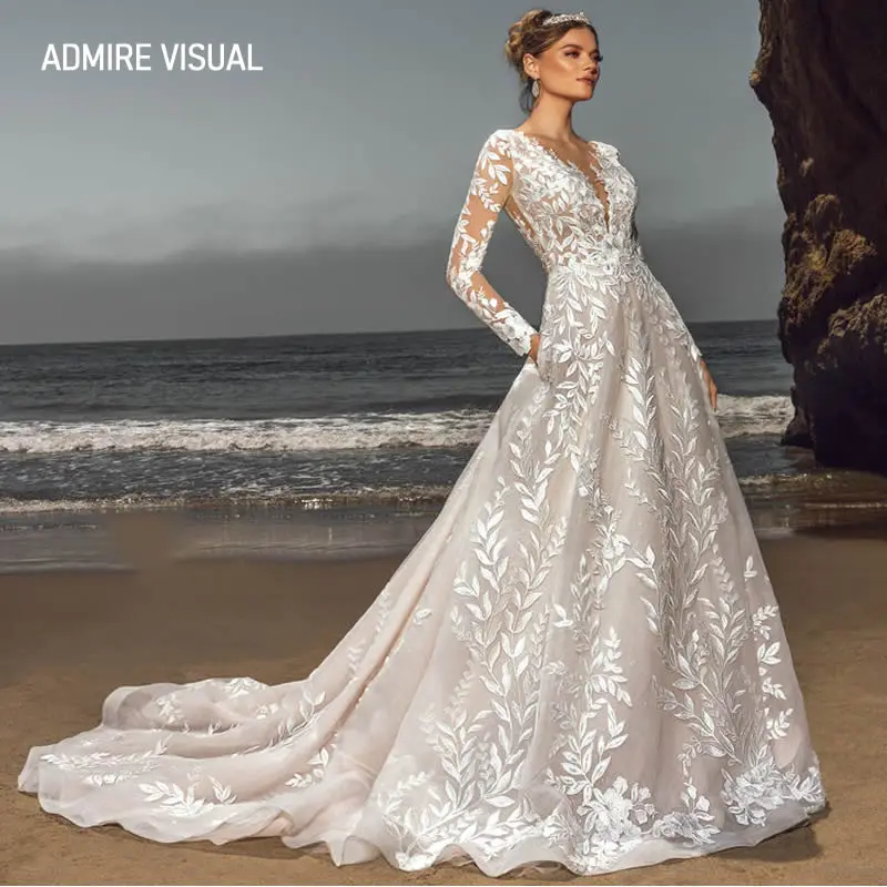 

Newest Wedding Dress For Bride A-Line Deep V-Neck Neckline Full Sleeves Custom Made Plus Size Bride Gown Vestidos De Novia