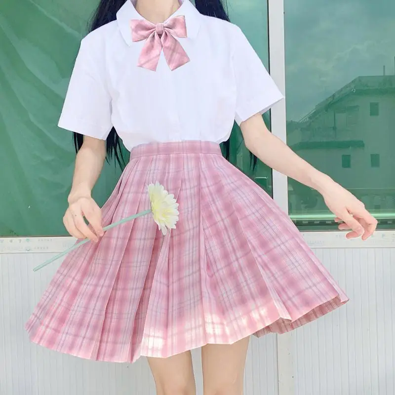 Uniforme das meninas da escola saias plissadas uniformes da escola japonesa cintura alta a linha xadrez saia sexy jk uniformes para a mulher conjunto completo