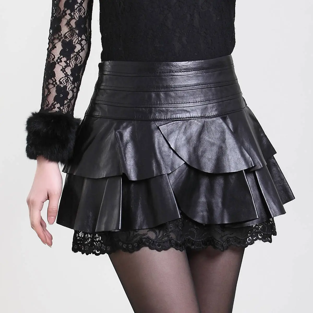 

Idopy Womens Cute Faux Leather Skirt Double Layer PU A-Line High Waist Mini Skirts For Lady