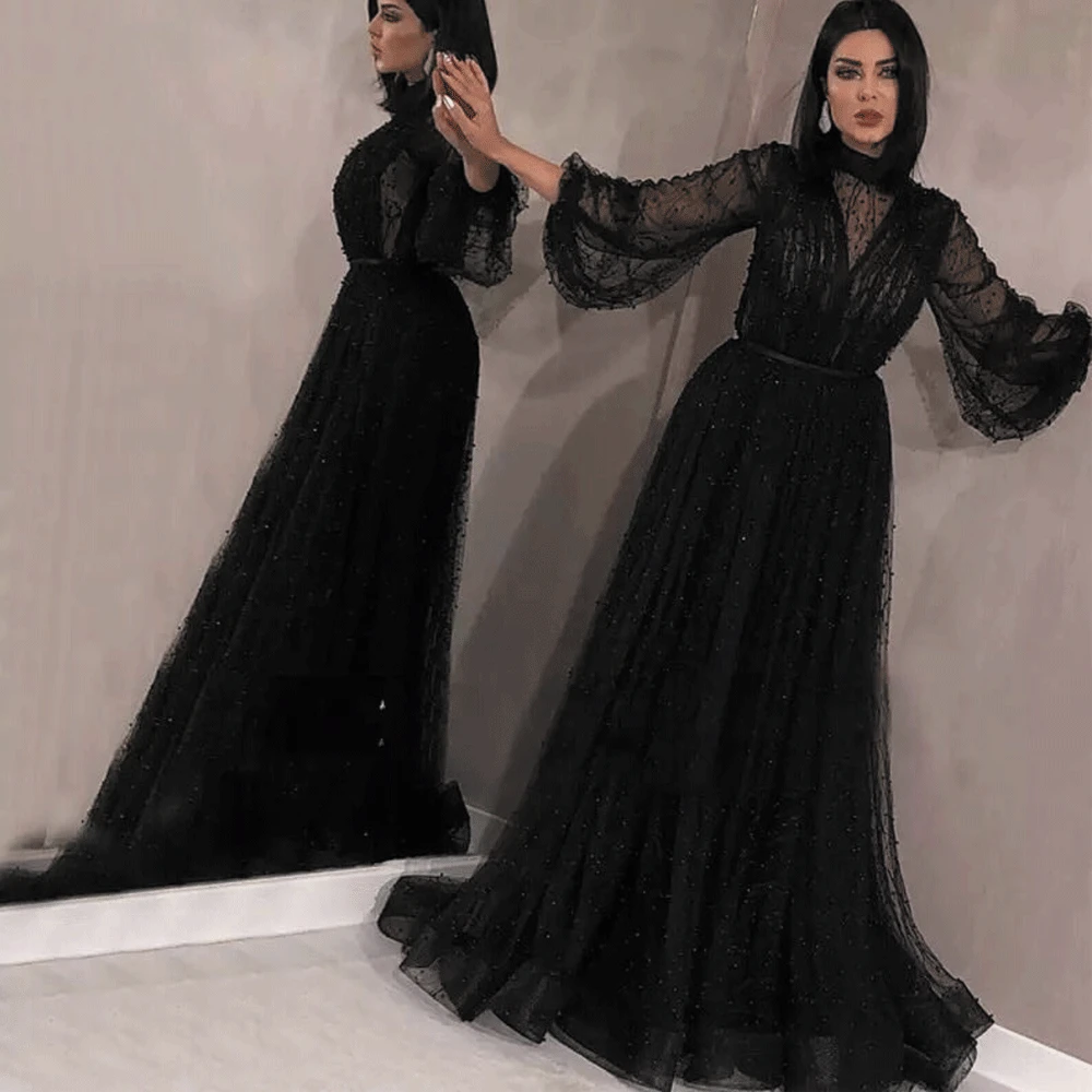 SuperKimJo Vintage Black Prom Dresses Long Sleeve Beaded Elegant Prom Gown Robes De Cocktail Robe De Soiree Femme