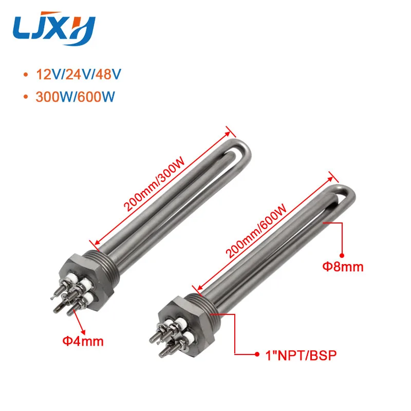 LJXH Solar Water Heater Element Tubular Heater Element 1inch NPT/BSP Electric Heating Element DC 12V/24V/48V 300W 600W All 304 S