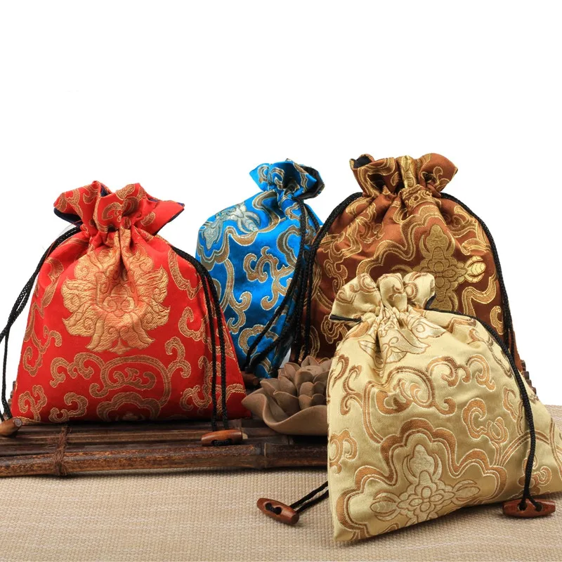 50pcs Large Brocade Jewelry Pouch Chinese Silk Drawstring Gift Bags Wholesale Bracelet Necklace Storage Pouches Spices Candy