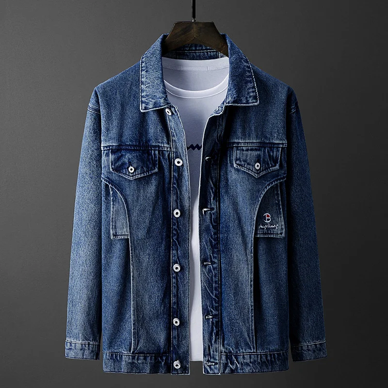 

New Men's Dark Blue Denim Jackets All-match Spring Autumn Lapel Fashion Casual Solid Handsome Slim Fit Letter Label Simplicity