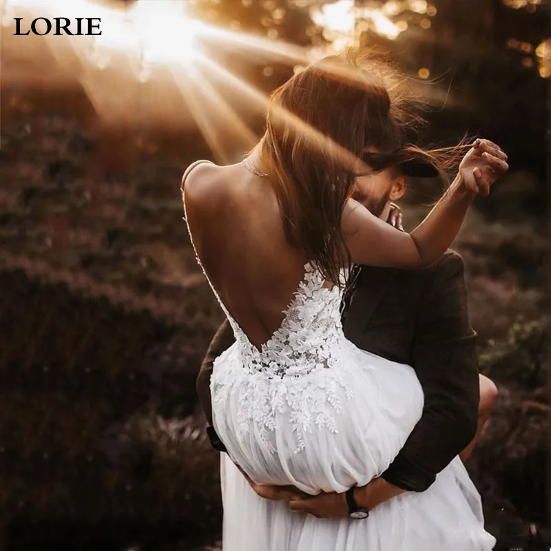 LORIE Boho Gaun Pengantin Tali Spaghetti Appliqued Renda Gaun Pengantin Pantai Seksi Backless Gaun Pengantin 2019