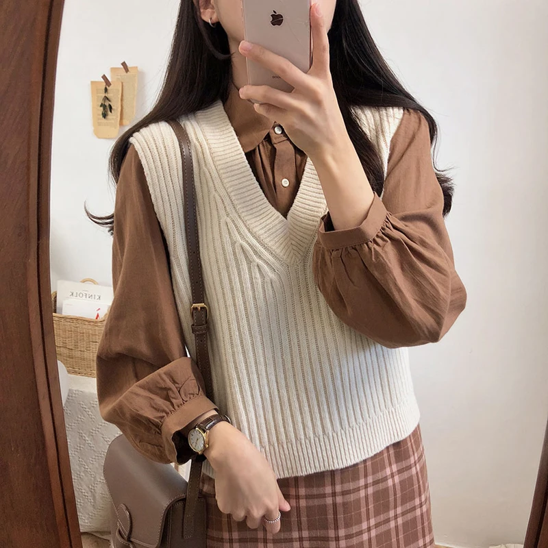 winter knitted top pullover v neck sleeveless design korea Japanese preppy style girls bow tie sweater woolen vest vest 10327