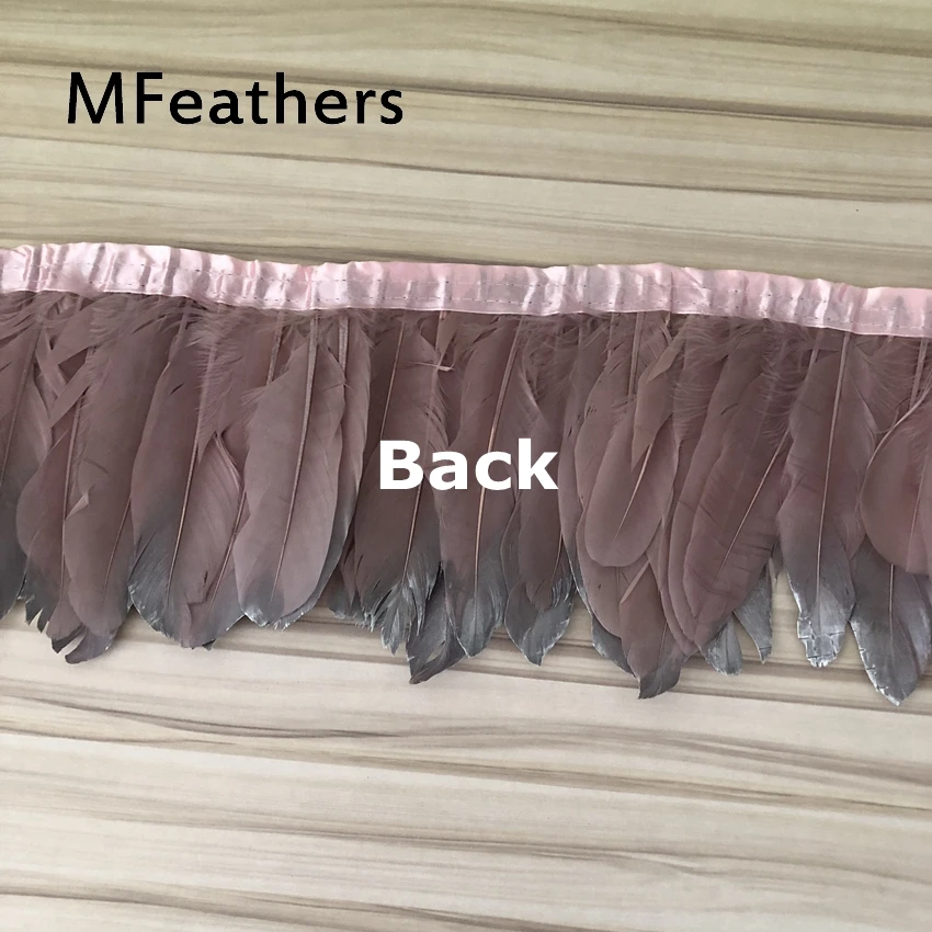 MFeathers AA Quality Dyed Leather Pink Goose Feather Trim 15-20cm 6-8inches Width Silver Geese Feather Strips Cloth Belt Ribbons