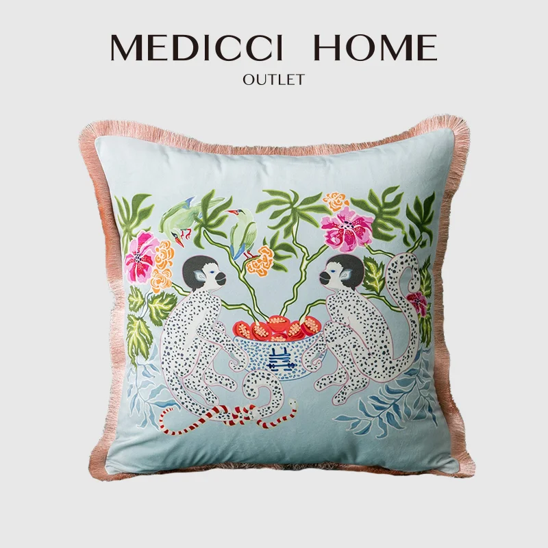 Medicci Home Floral Monkey Throw Pillow Cover Oriental Mystical Animals Print Vintage Lumbar Cushion Case Coussin With Tassels