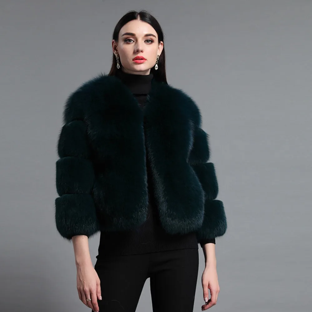 Real Fox Fur Coat Full Pelt Three Quarter Sleeve Natural Fur Coat Green Color Fashion Short Style Round Collar Fur StoryFS161154