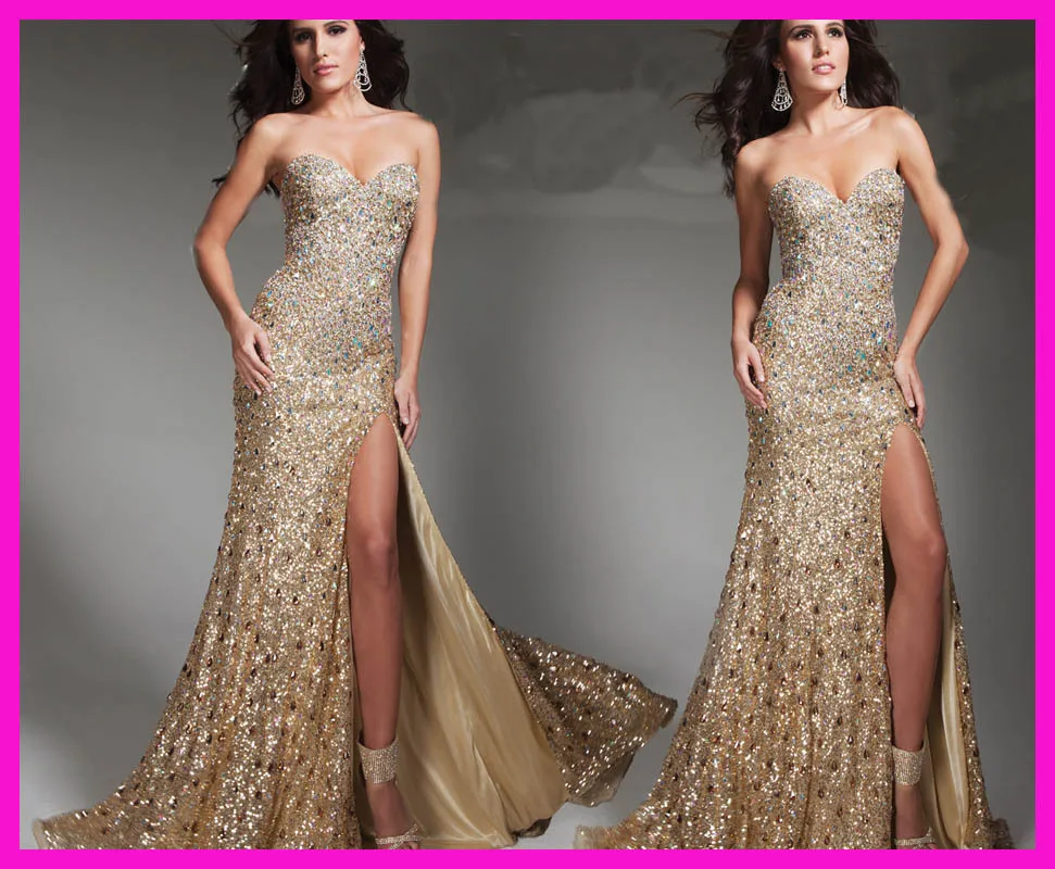 Spedizione gratuita oro scintillante lungo vestido de noiva colonna fessura laterale donne Prom sweetheart personalizzato abito da sera perline e paillettes