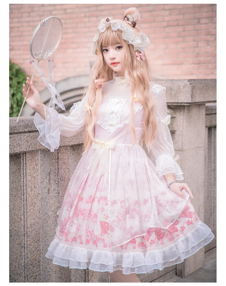 Princesse rose lolita robe vintage dentelle nœud papillon col haut kawaii robe mignon impression robe victorienne gothique lolit