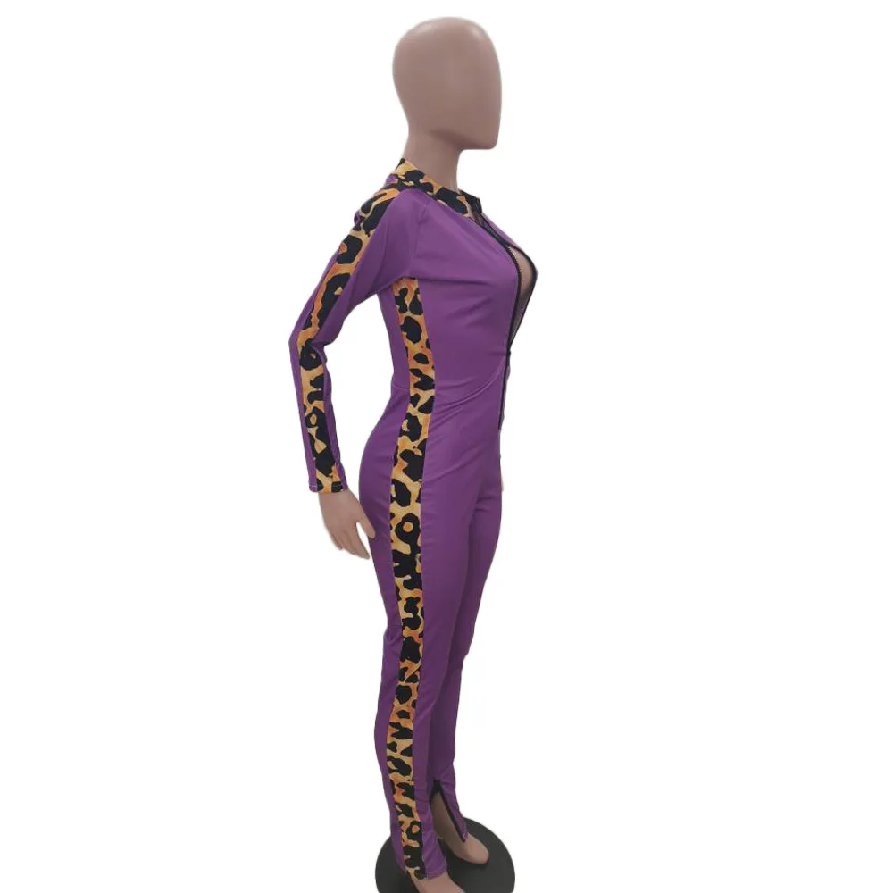 BKLD Purple Sexy Bodycon Jumpsuit Romper Long Sleeve Leopard Patchwork Bodysuit Women Zipper V-Neck Elegant 2019 Club Jumpsuits